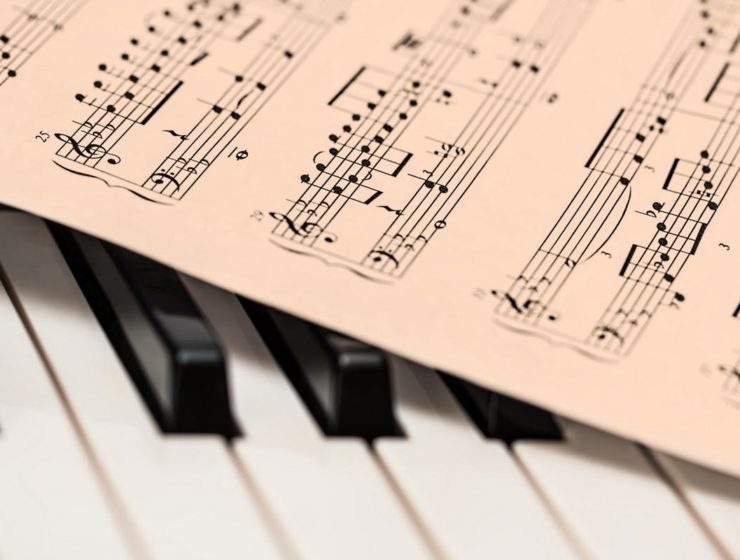 Piano keys with sheet of music on top
