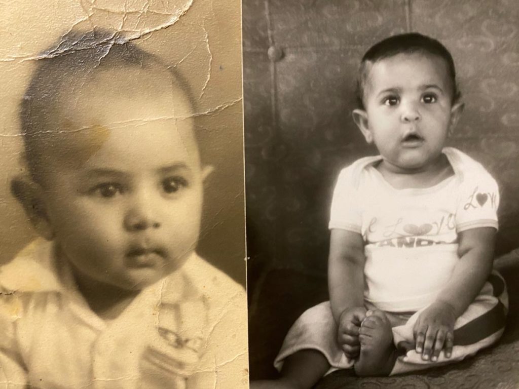 Side by side picture of my dad and me when babies.