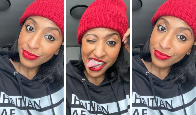 Me making funny faces representing who I am in my Haitian sweatshirt